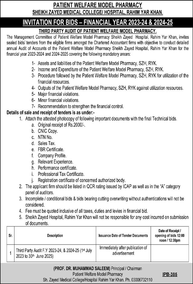 Patient Welfare Model Pharmacy Rahim Yar Khan Tender Notice